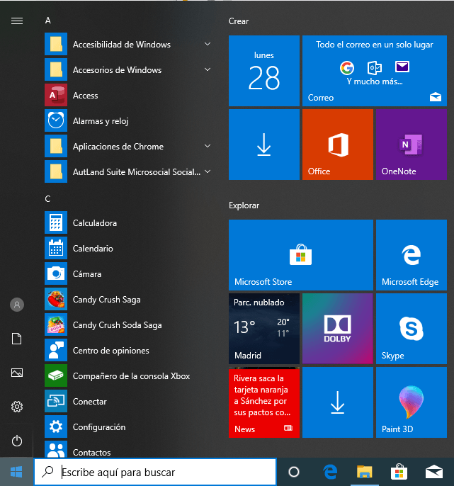 menu inicio windows 10